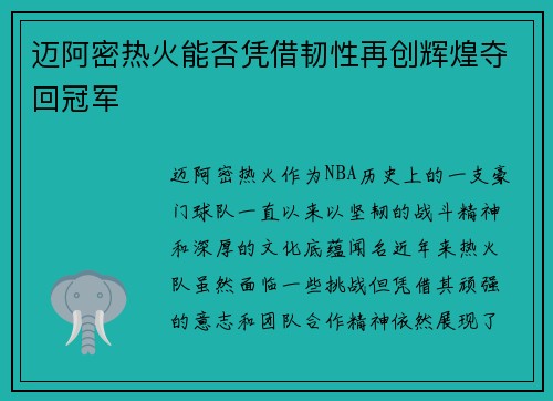 迈阿密热火能否凭借韧性再创辉煌夺回冠军