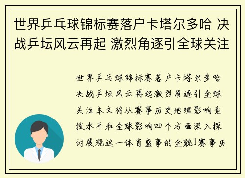 世界乒乓球锦标赛落户卡塔尔多哈 决战乒坛风云再起 激烈角逐引全球关注