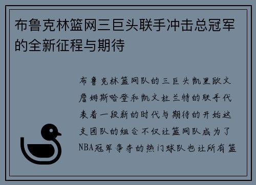 布鲁克林篮网三巨头联手冲击总冠军的全新征程与期待