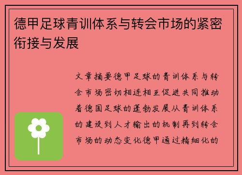 德甲足球青训体系与转会市场的紧密衔接与发展